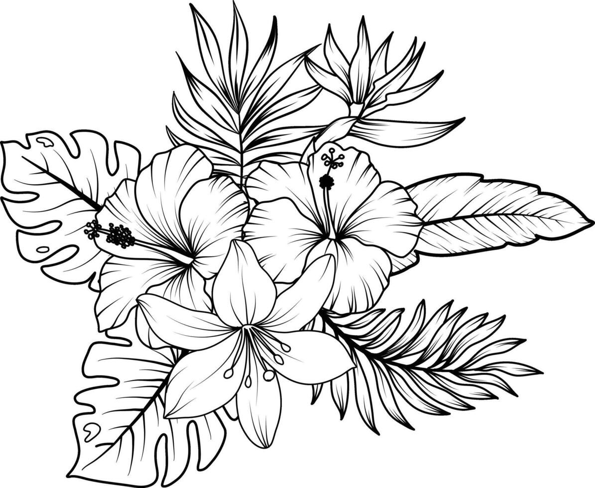 Tropical wreath with hand drawn outline leaves and tropical flowers, garden flowers and insects in sketch style. vector