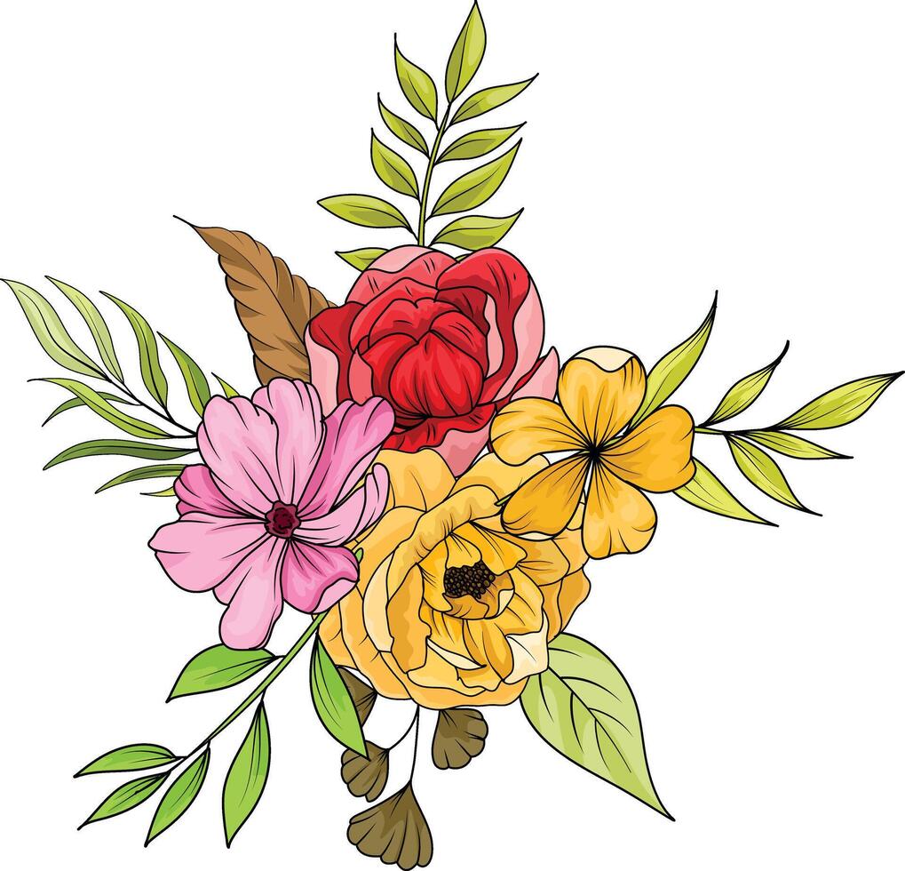 bouquets, floral arrangements, leaves, branches and design elements, flowers, roses, twigs. vector