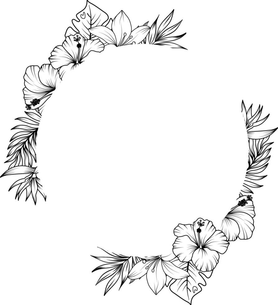 Tropical flowers and leaves frame. sketch of tropical flowers and leaves vector