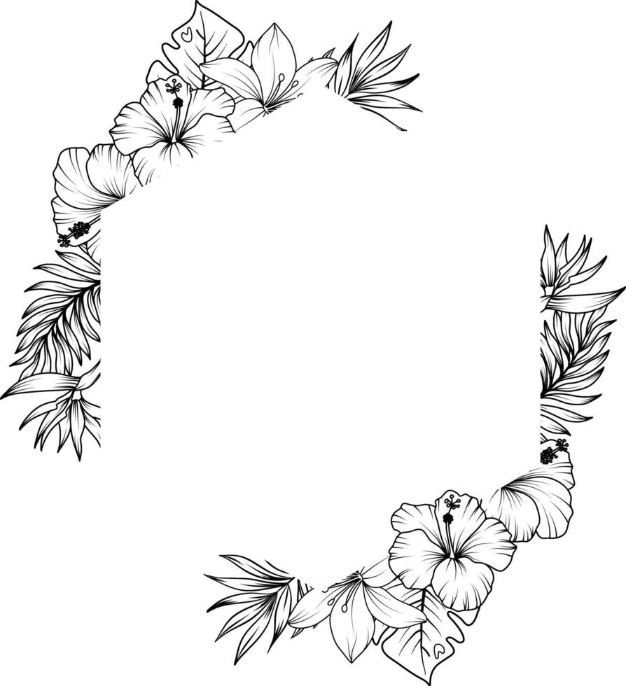 Tropical flowers and leaves frame. sketch of tropical flowers and leaves vector