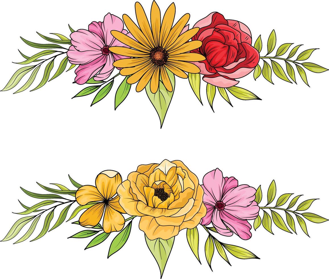 bouquets, floral arrangements, leaves, branches and design elements, flowers, roses, twigs. vector