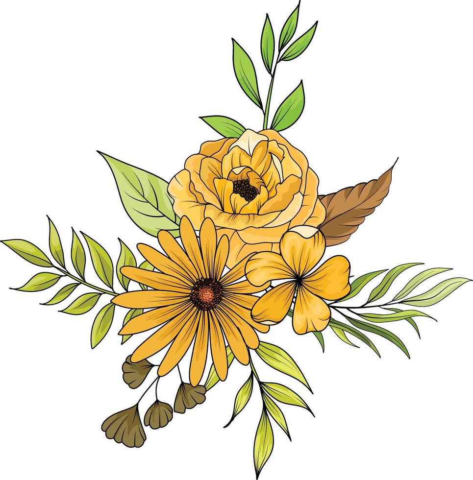 bouquets, floral arrangements, leaves, branches and design elements, flowers, roses, twigs. vector