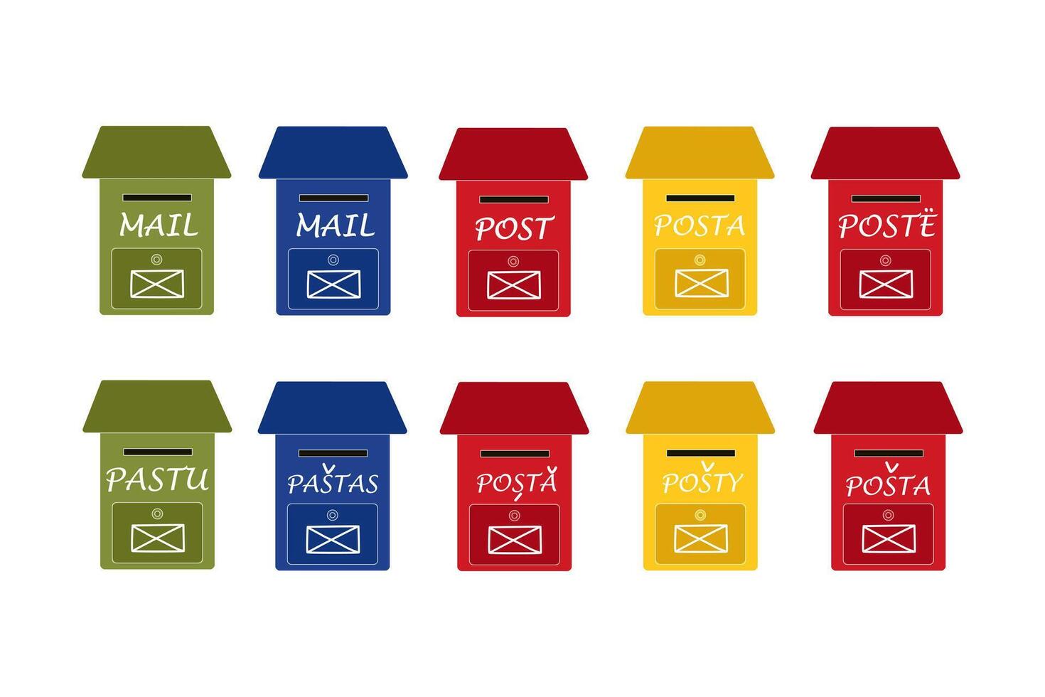 A set of red, yellow, blue and green mailboxes with a compartment for newspapers and letters. Colored mailboxes with an envelope sign and the inscription mail in several languages. Vector illustration