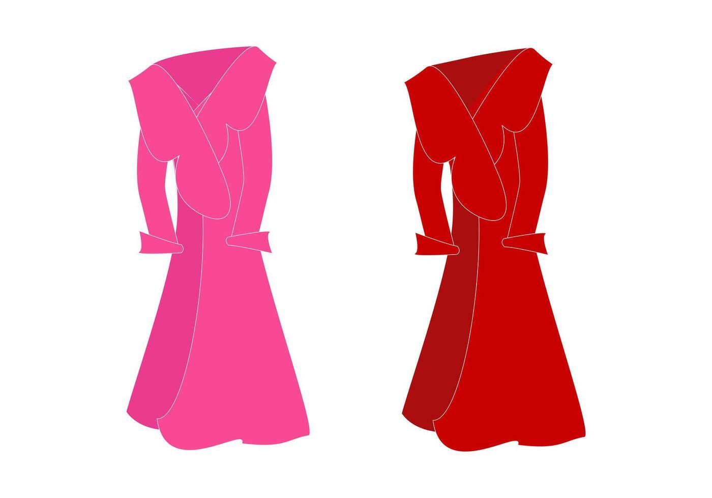 De las mujeres equipado largo elegante envolver abrigos con rechazar collar en rosado y rojo. demi-temporada ropa de calle para mujer. de colores vector ilustración