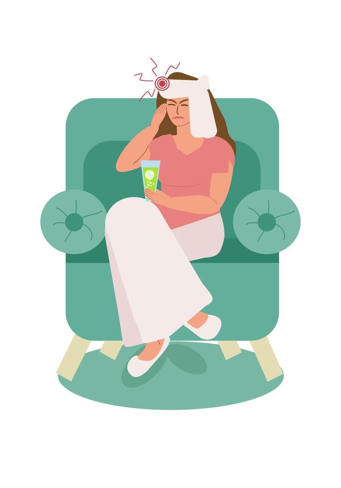 A young woman suffers from a headache while sitting in a chair at home with a glass of painkiller and a cold towel on her head. Migraine, premenstrual syndrome, hypertension. Vector illustration