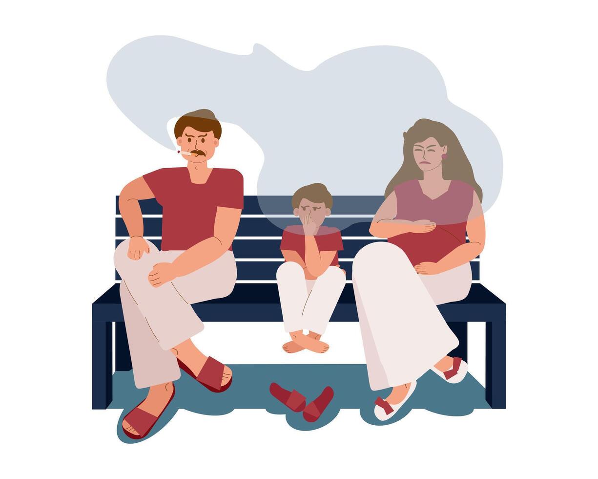 A man smokes in the presence of a child and a woman on the street. A husband with a cigarette sits on a bench next to his son and pregnant wife in a cloud of smoke. passive smoking, vector