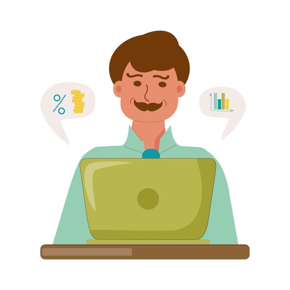 A middle-aged man works at a laptop in the office. Profit growth, business success, a person at the workplace in a good mood. Vector illustration