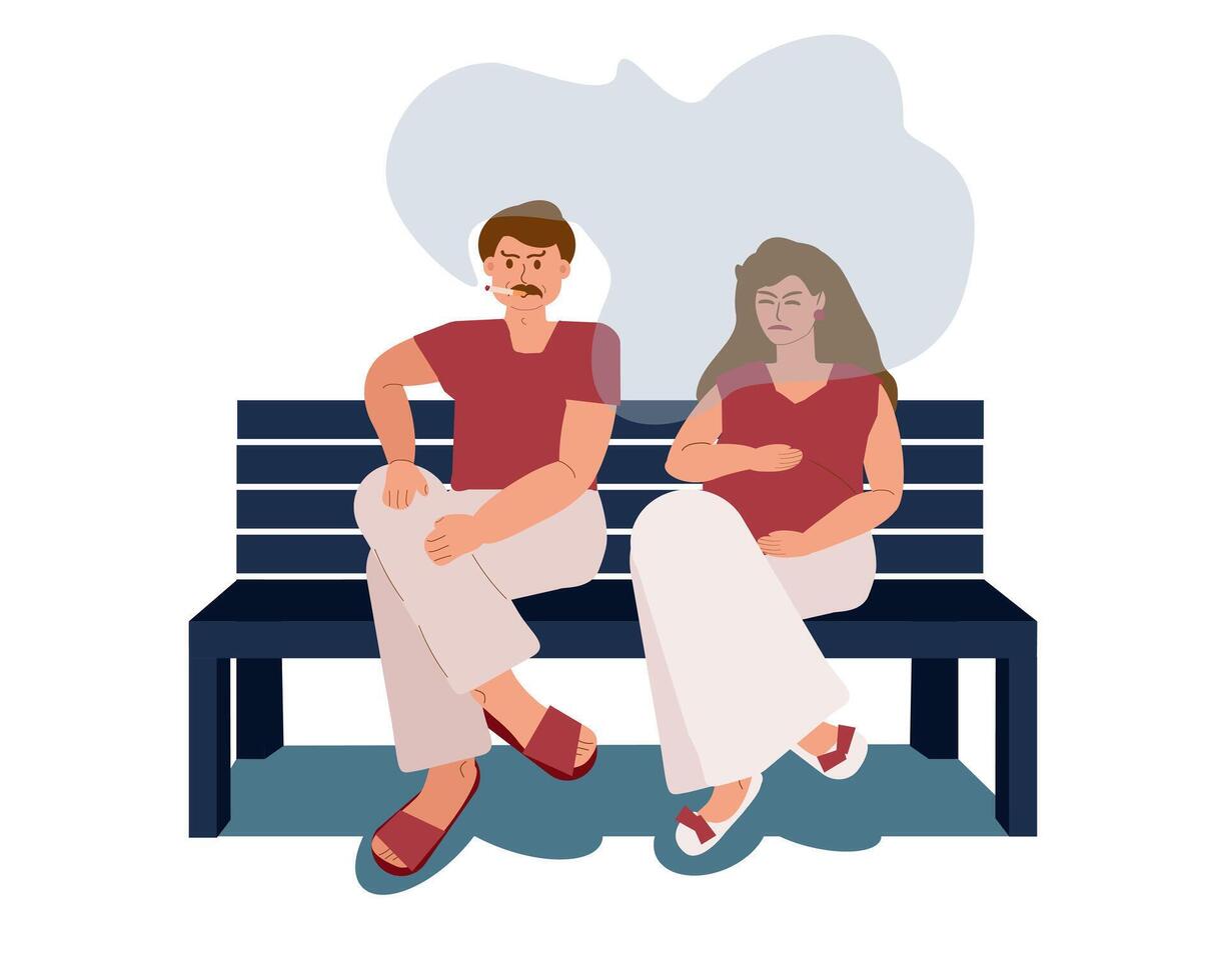 A man smokes in the presence of a woman on the street. A husband with a cigarette sits on a bench next to his pregnant wife in a cloud of smoke. passive smoking, vector