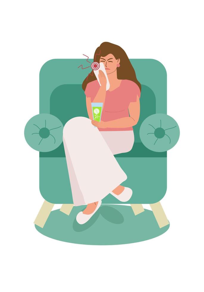 A young woman suffers from a toothache while sitting in a chair at home with a glass of painkiller and a cold compress. Toothache, pain after tooth extraction. Vector illustration