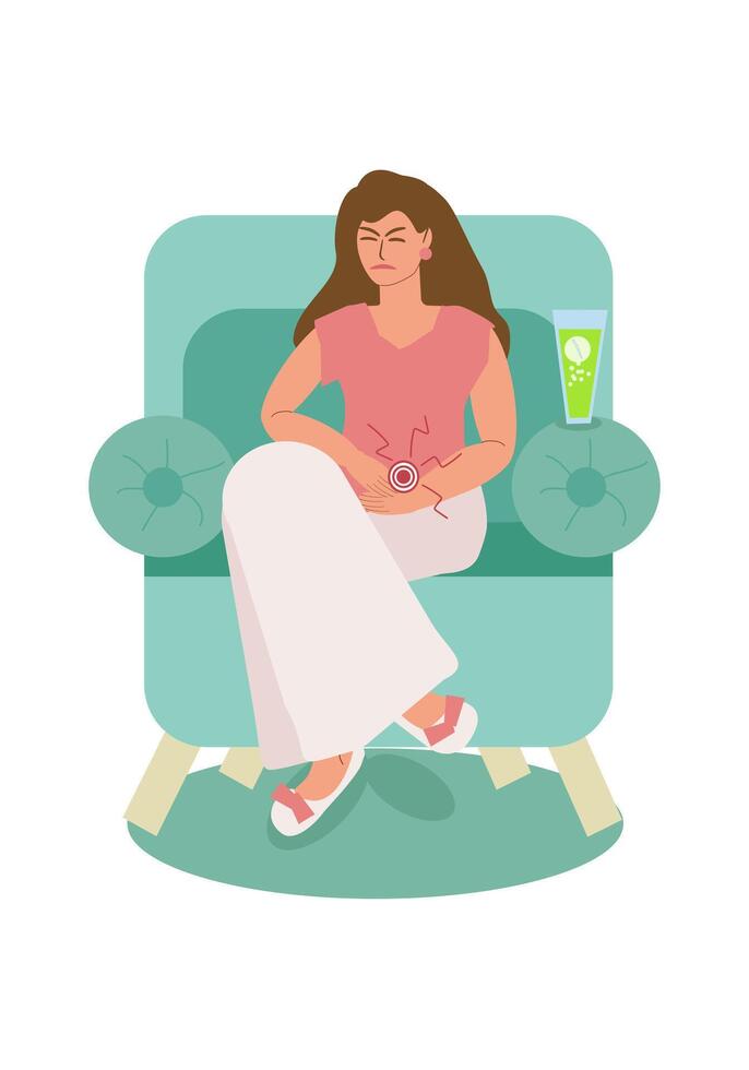 A young woman sits in a chair and holds her hands on her stomach, suffering from menstrual pain, next to a glass of painkillers. Premenstrual syndrome, menstruation. Vector illustration