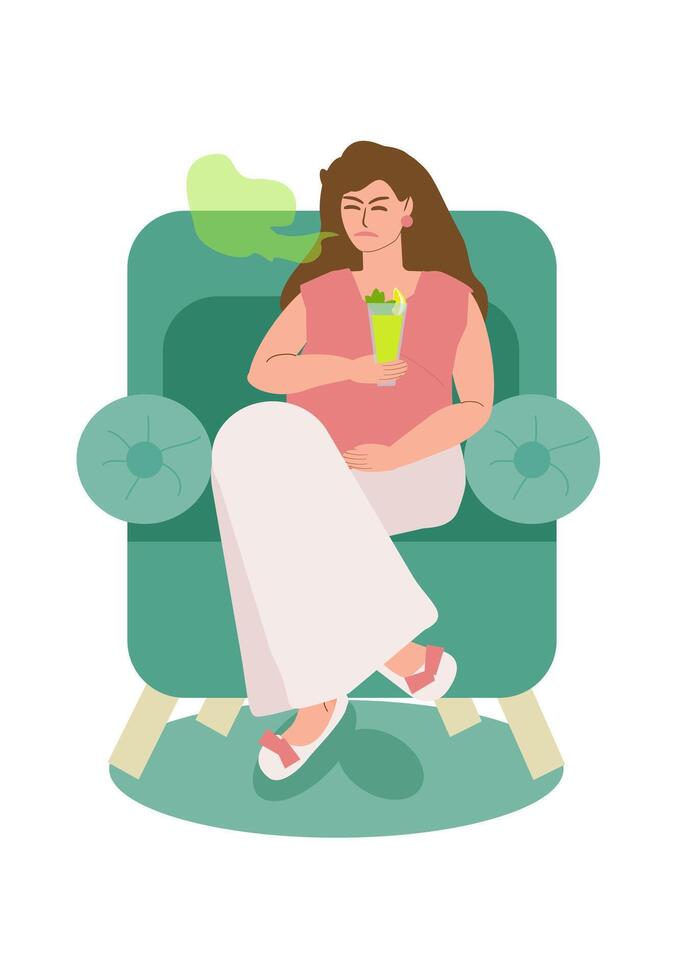 A pregnant young woman suffers from toxicosis. A young woman sits in a chair with an anti-nausea remedy - a glass of water with lemon and mint. Motherhood, pregnancy, poor health. Vector illustration