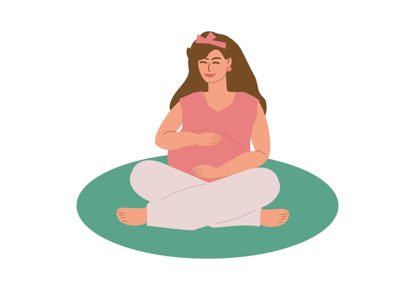 un joven embarazada mujer se sienta con las piernas cruzadas en un estera y sonrisas relajación, meditación, maternidad dejar, maternidad, expectante madre medita de colores vector ilustración