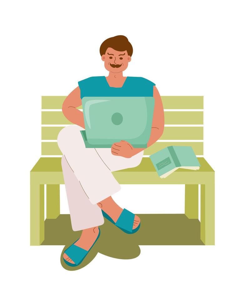 A middle-aged man with a laptop on a bench in the summer, a freelancer working at a computer in nature. Wireless technologies, business, remote work, comfortable workplace. Vector color illustration.