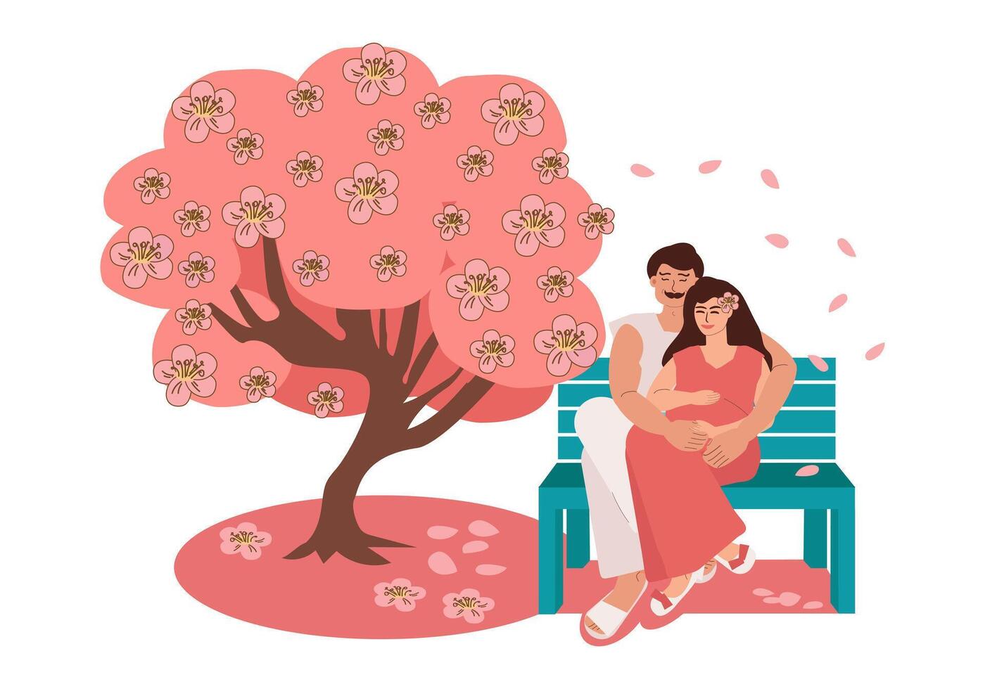 A family of a man and a pregnant woman are sitting in an embrace on a park bench near cherry blossoms. Sakura festival, family, love, pregnancy. Vector cartoon illustration.