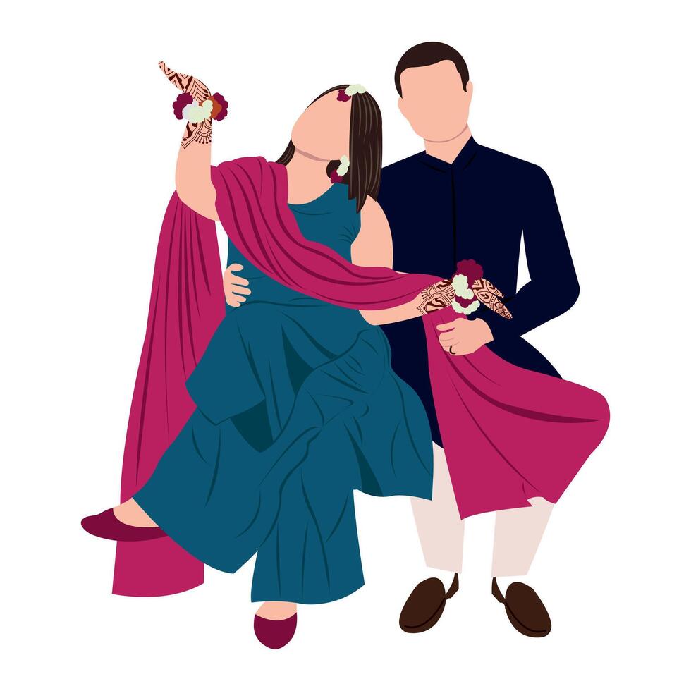 vector cute indian couple cartoon in traditional dress posing for wedding invitation card design