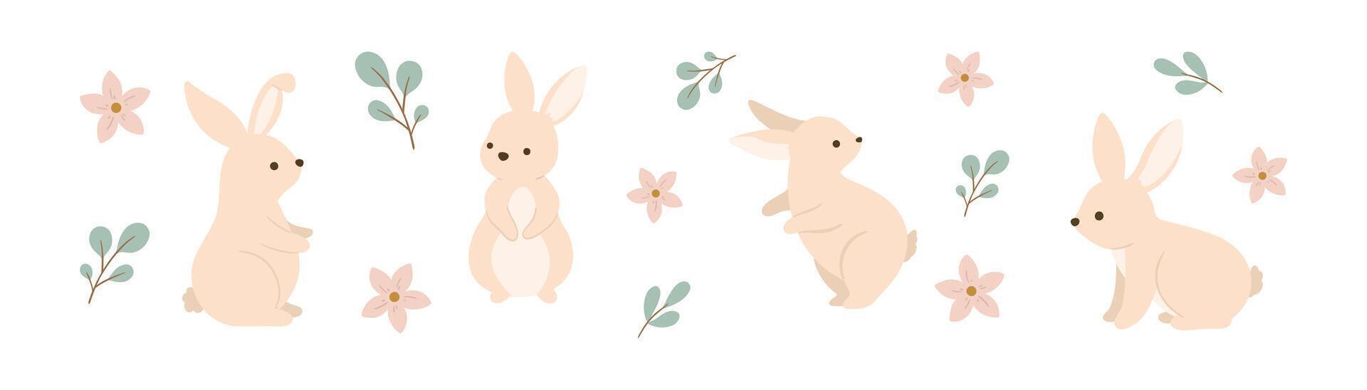 Easter bunny set with flowers and leaves vector