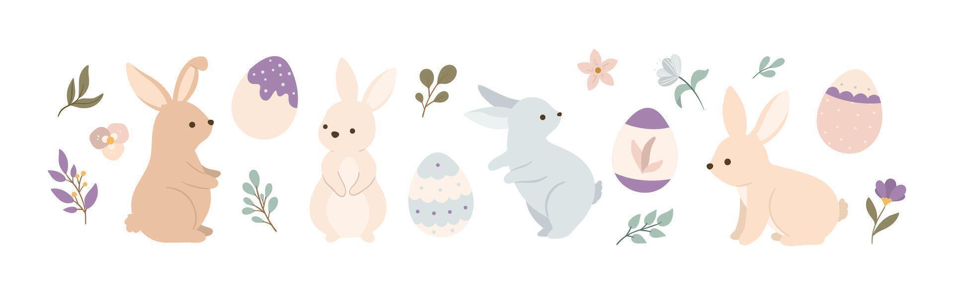 Pascua de Resurrección conejitos en diferente poses con huevos y flores vector