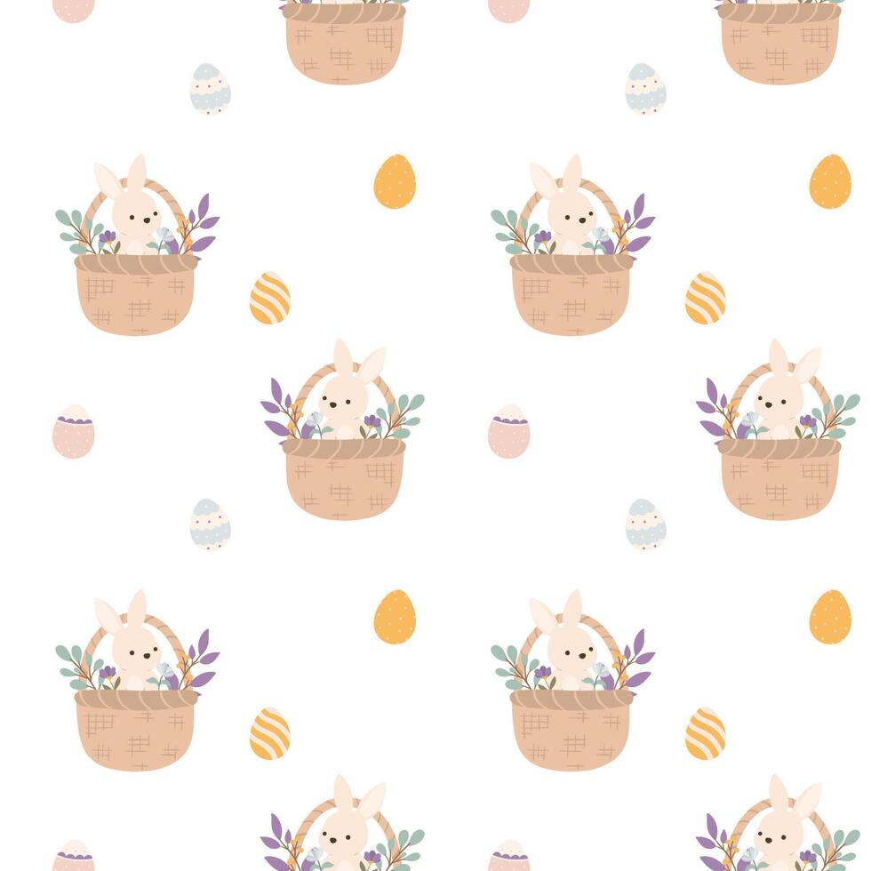 Easter bunnies sitting in baskets seamless pattern vector