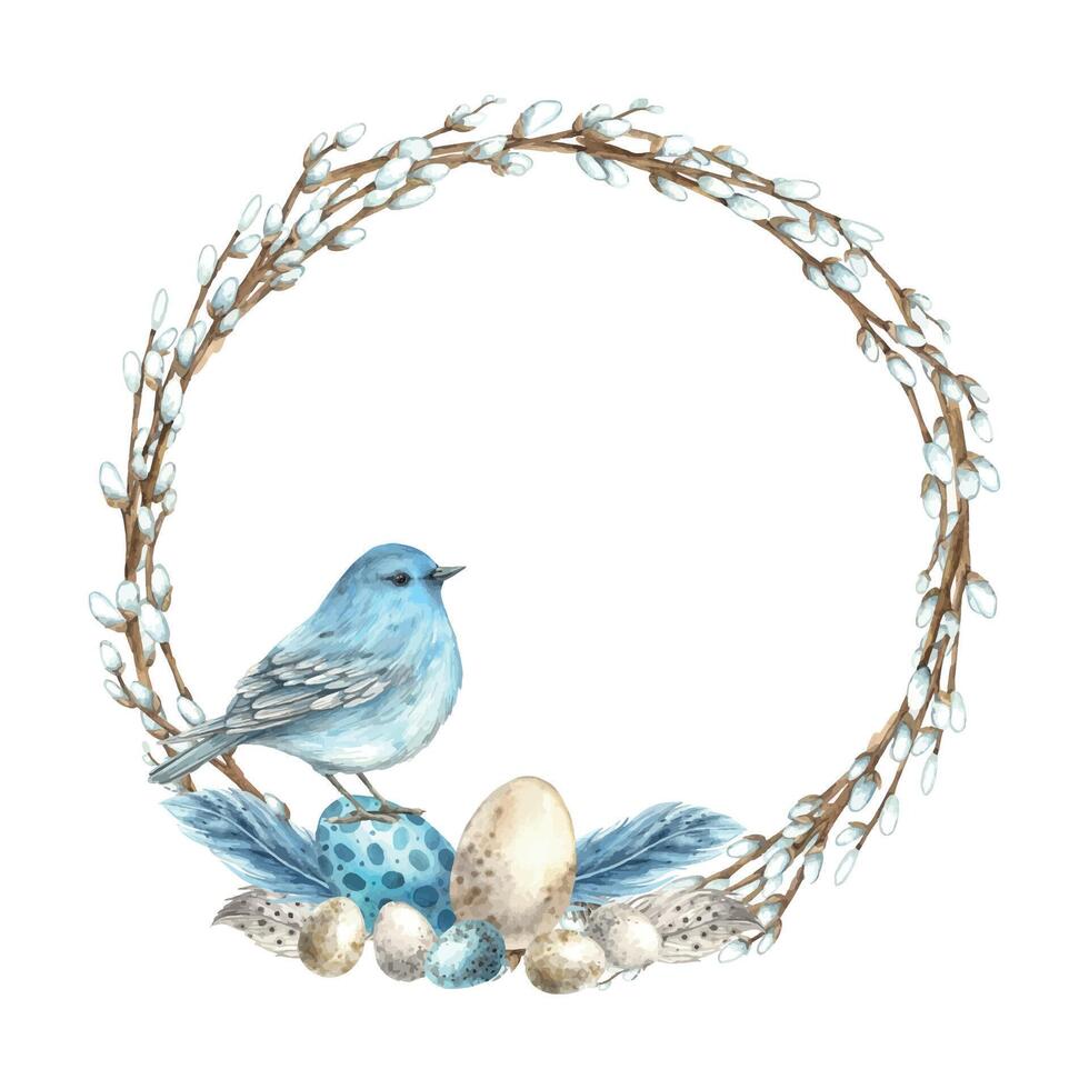Watercolor Easter willow wreath with eggs, bluebird and assorted feathers. Easter holiday illustration hand drawn. Sketch on isolated background for greeting cards, invitations, happy holidays vector