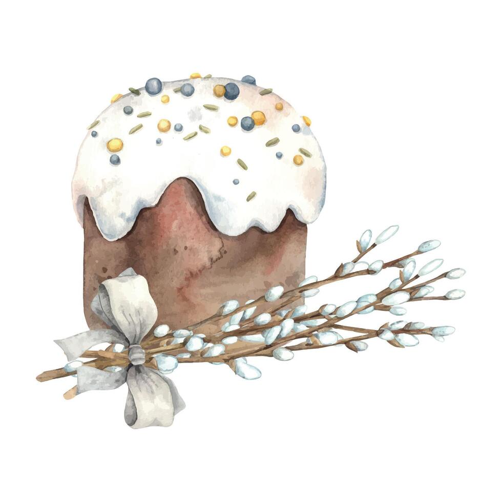 Watercolor Easter cake with a bouquet of willow. Hand drawn illustrations on isolated background for greeting cards, invitations, happy holidays, posters, graphic design, print, label vector