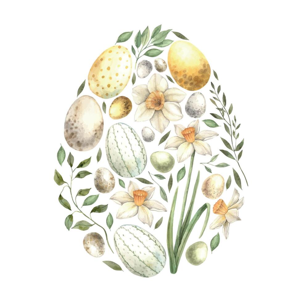 Watercolor composition in the form of an Easter egg in yellow and green shades daffodil, eggs, green plants. Drawing on isolated background for greeting cards, invitations, happy holidays, posters vector