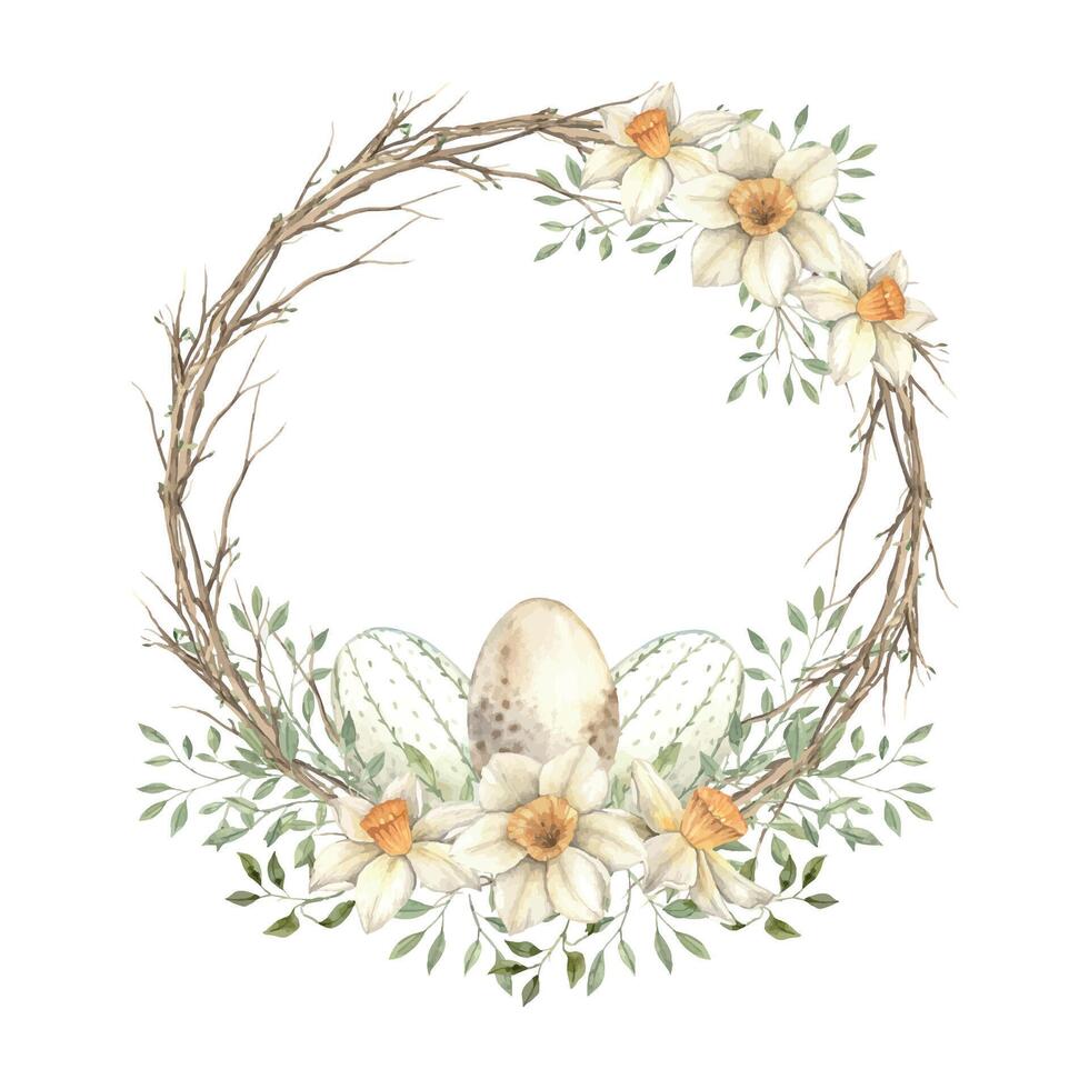 Watercolor Easter wreath of spring branches, with green leaves, daffodils and eggs. The illustration is hand drawn on an isolated background. Drawing for greeting cards, invitations, posters vector