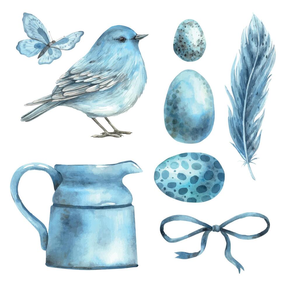Watercolor set on an Easter theme in blue shades bird, eggs, bow, butterfly, jug Illustrations hand drawn on isolated background vector
