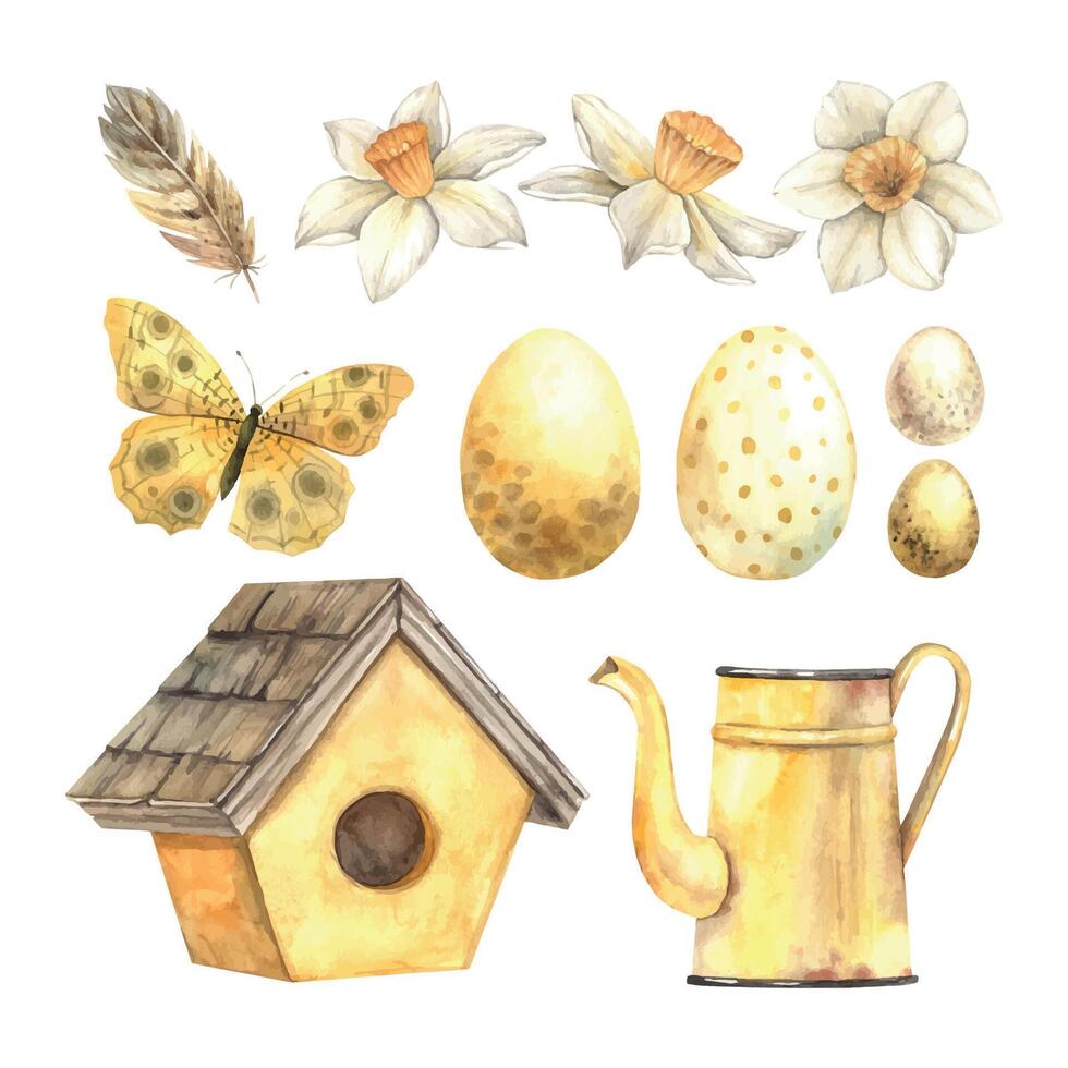 Watercolor set on an Easter theme in yellow shades daffodil, feather, eggs, bow, butterfly, jug. Hand drawn illustrations on isolated background for greeting cards, invitations, vector