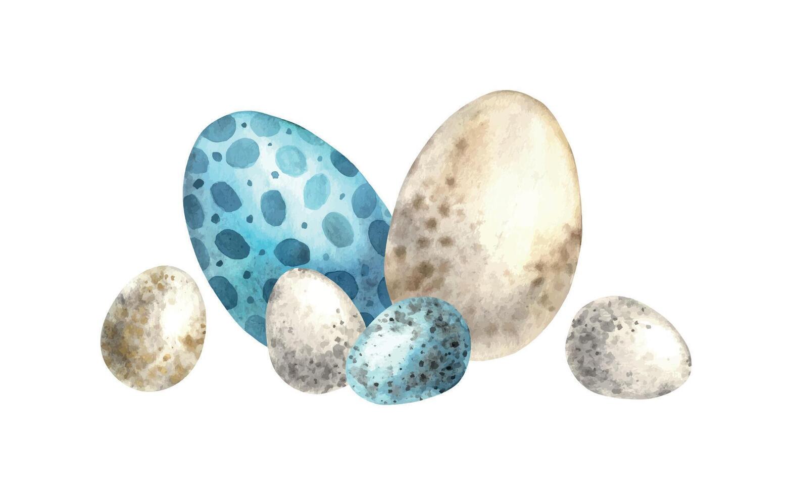 Watercolor Easter composition with white and blue eggs. Sketch on isolated background for greeting cards, invitations, banners, posters, textiles, graphic design vector