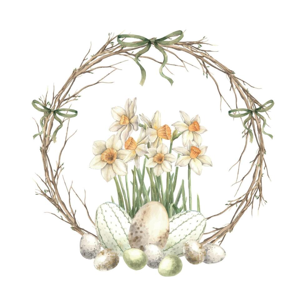 Watercolor Easter wreath made of branches, with yellow daffodils and Easter eggs, decorated with bows. Easter holiday illustration hand drawn. Sketch on isolated background for greeting cards vector