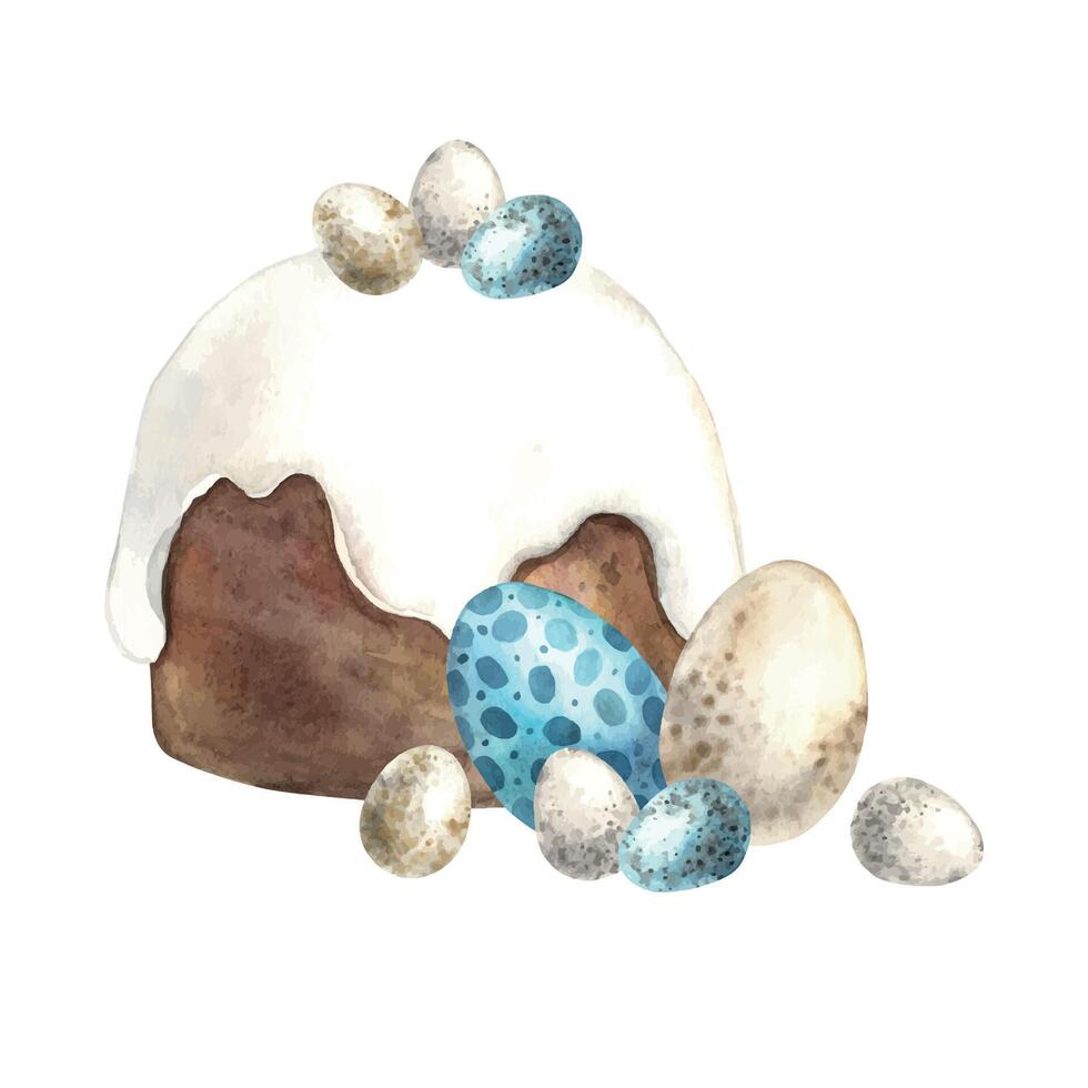 Watercolor Easter composition with Easter cake, white and blue eggs. Sketch on isolated background for greeting cards, invitations, banners, posters, textiles, graphic design vector