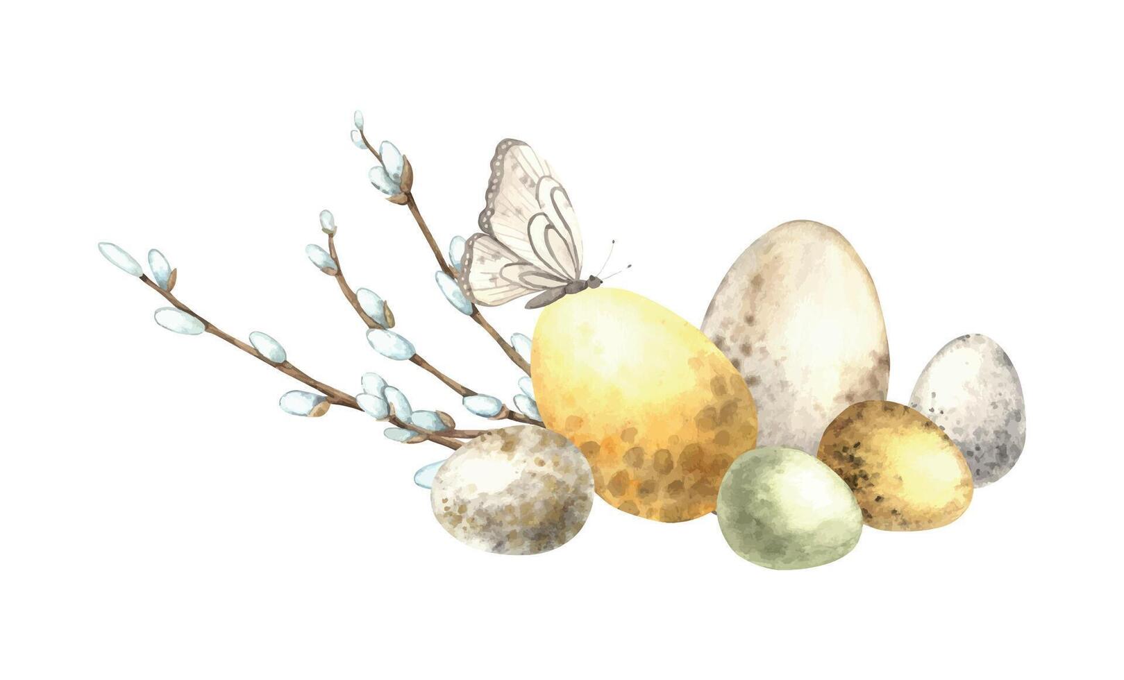 Watercolor Easter composition with willow, yellow and white eggs, butterfly. Easter holiday illustration hand drawn. Sketch on isolated background for greeting cards, invitations vector