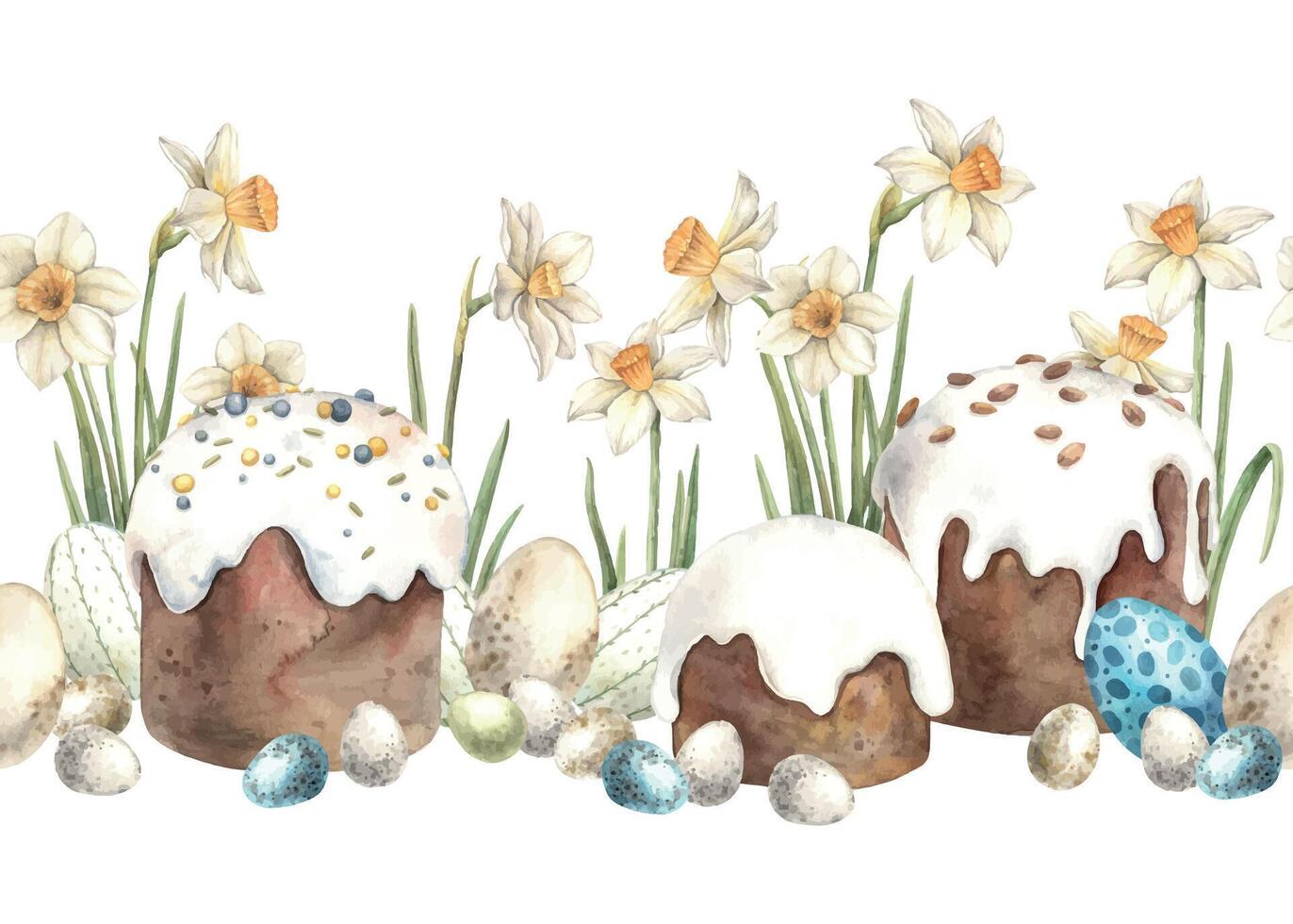 Watercolor Easter endless composition with Easter cakes, eggs and daffodils. Hand drawn illustrations on isolated background for greeting cards, invitations, happy holidays, posters vector