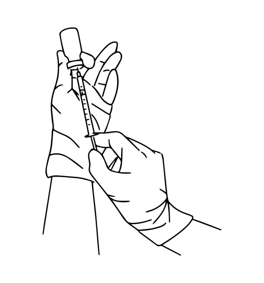 Hands in rubber gloves hold a syringe for injection. Vector illustration in line art style.