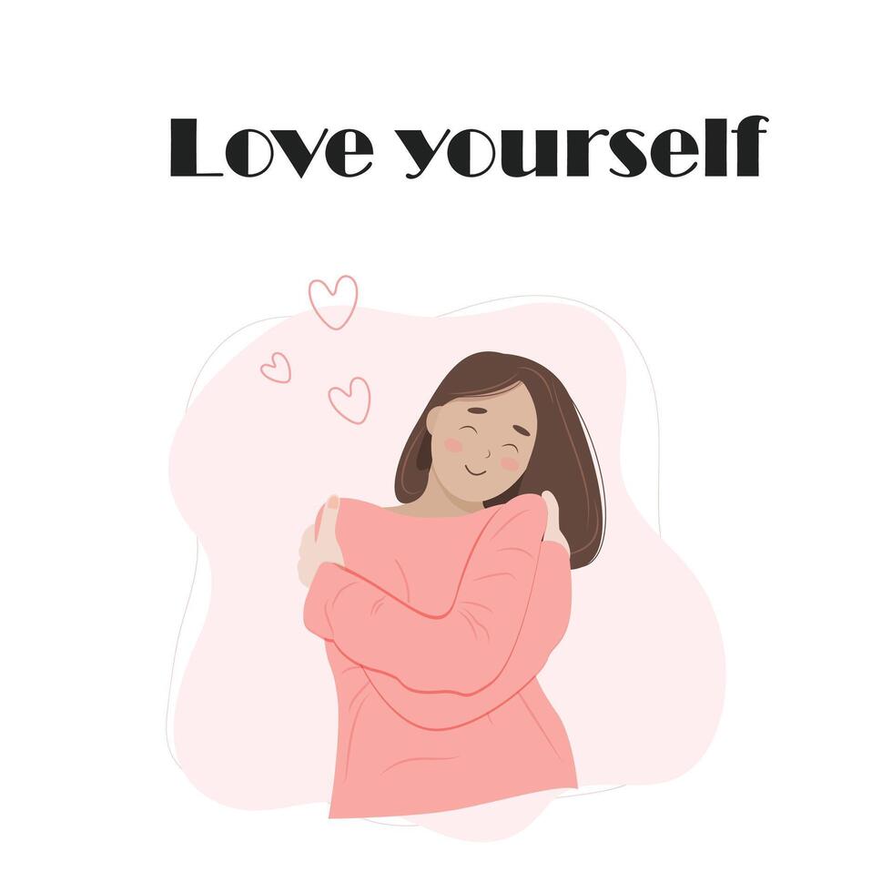 Love yourself woman hugging herself flat vector