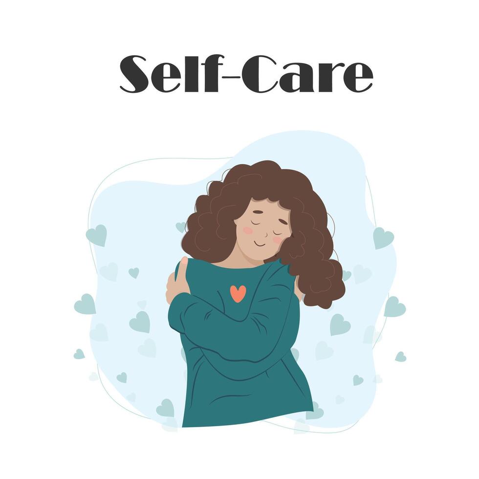 Love yourself woman hugging herself flat vector