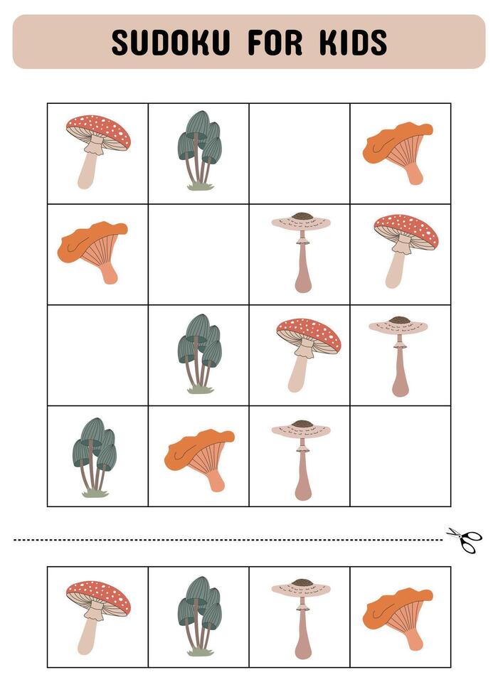 Sudoku for children with mushrooms. An educational game for children. Children's activity sheet. vector