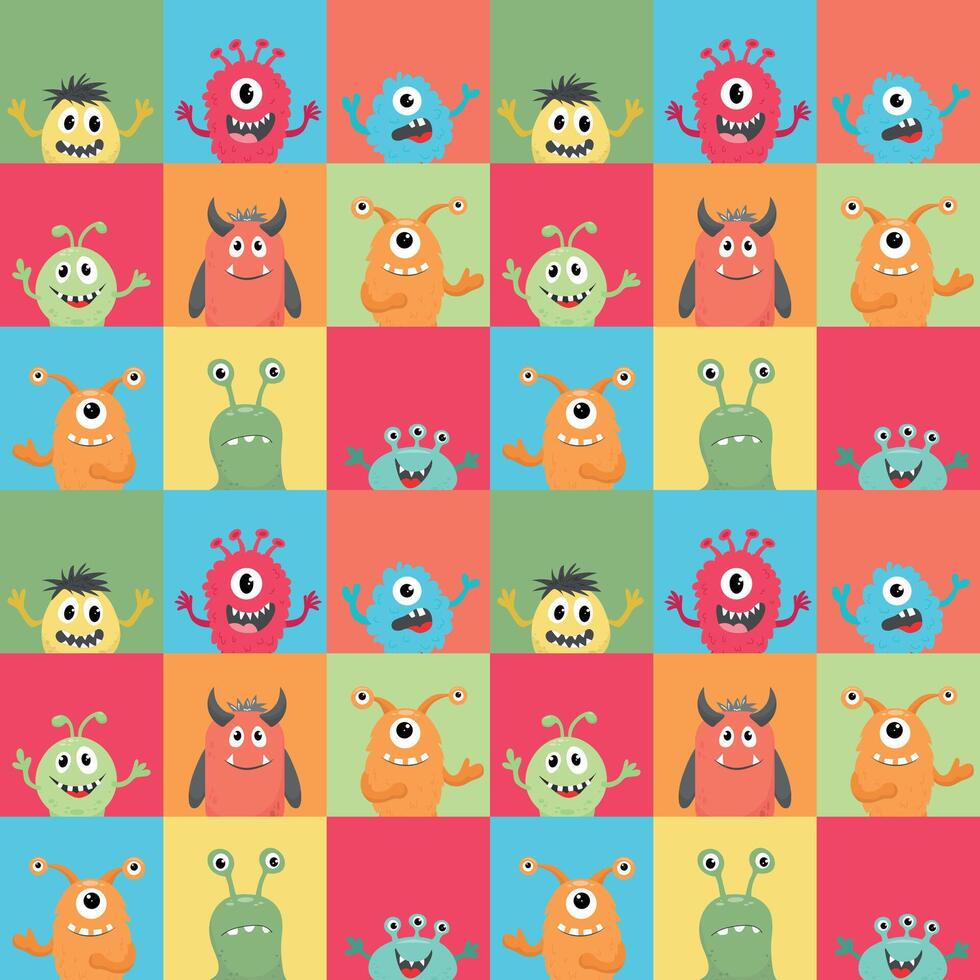 Bright colorful seamless pattern with cute monsters. Pattern for children's clothes, covers for notebooks, children's wallpapers. Vector illustration