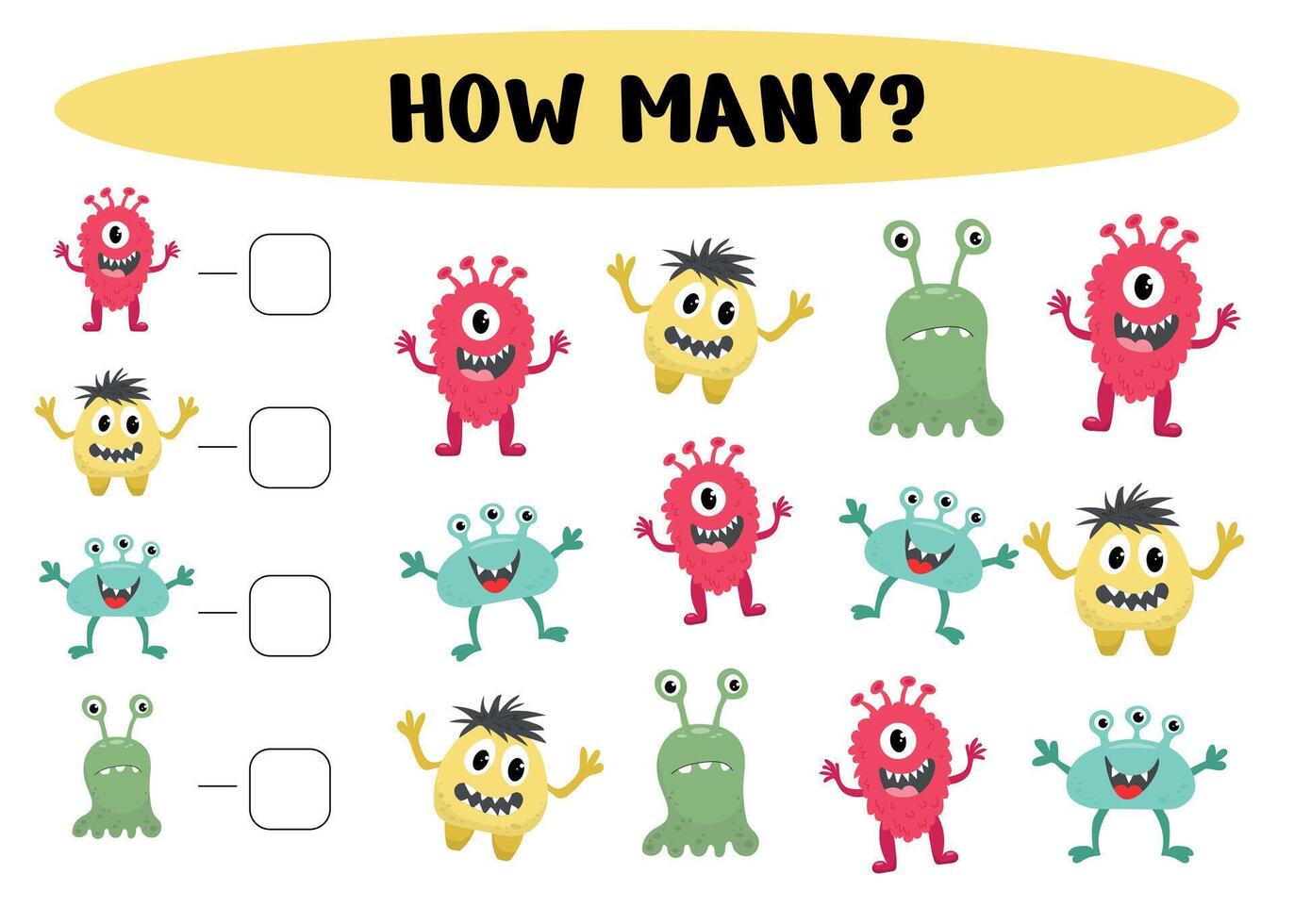How many monsters. Mathematical game for preschoolers. Counting game for preschool children. Educational math game. Vector illustrationon