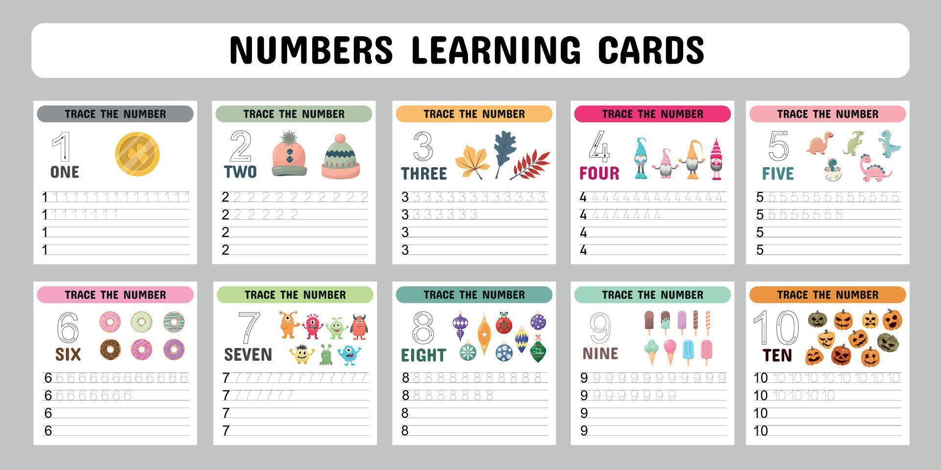 Cards for learning numbers from 1 to 10 . Kids counting worksheets. Kindergarten flashcards with numbers, learning and spelling numbers . Vector illustration