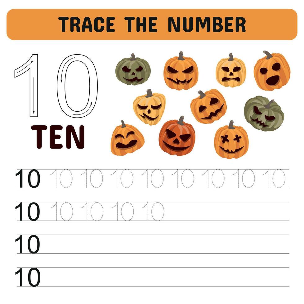 Trace the number. Trace number with pumpkins for Halloween. Educational game for children, printable sheet, vector illustration