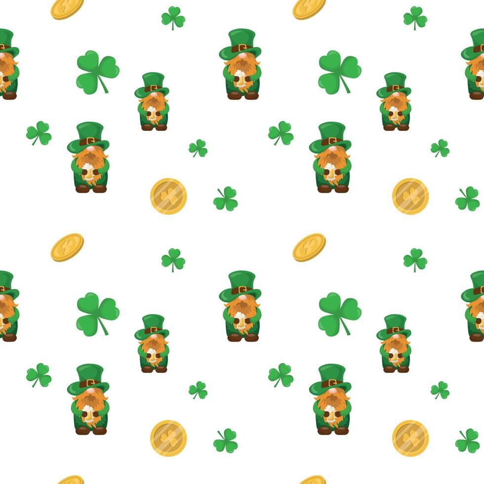 Seamless pattern for St. Patrick's Day with leprechauns, coins and clover on a white background. March 17. Vector illustration
