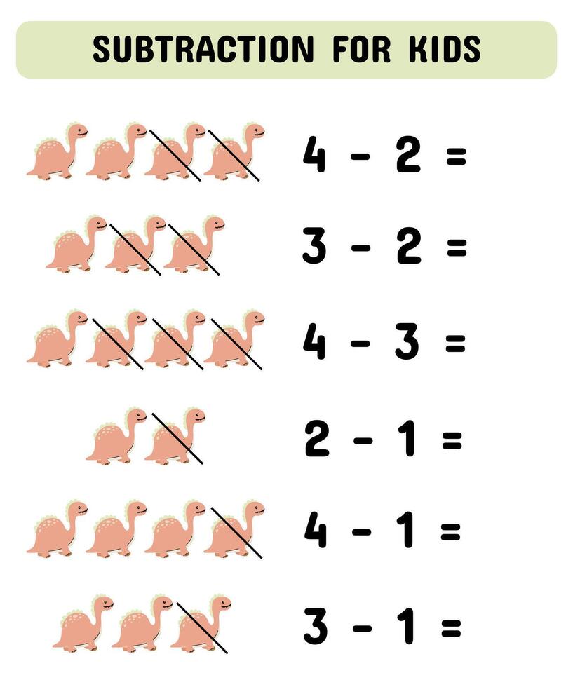 Subtraction game with dinosaurs. Counting math game for preschool children.Educational printable math worksheet. vector