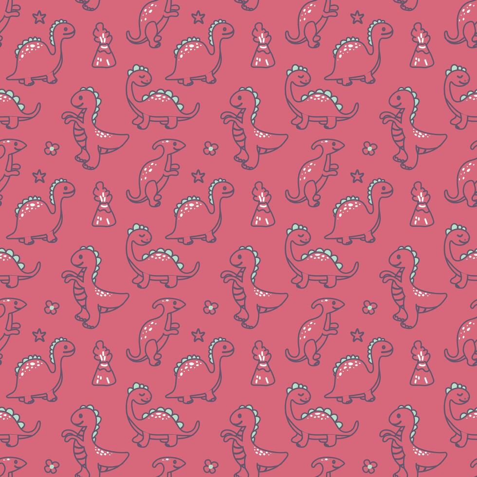 Seamless pattern with cute dinosaurs on a pink background. Pattern for children's clothes. Vector illustration