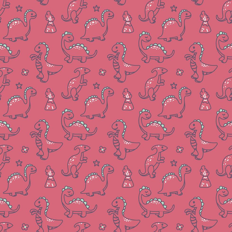 Seamless pattern with cute dinosaurs on a pink background. Pattern for children's clothes. Vector illustration