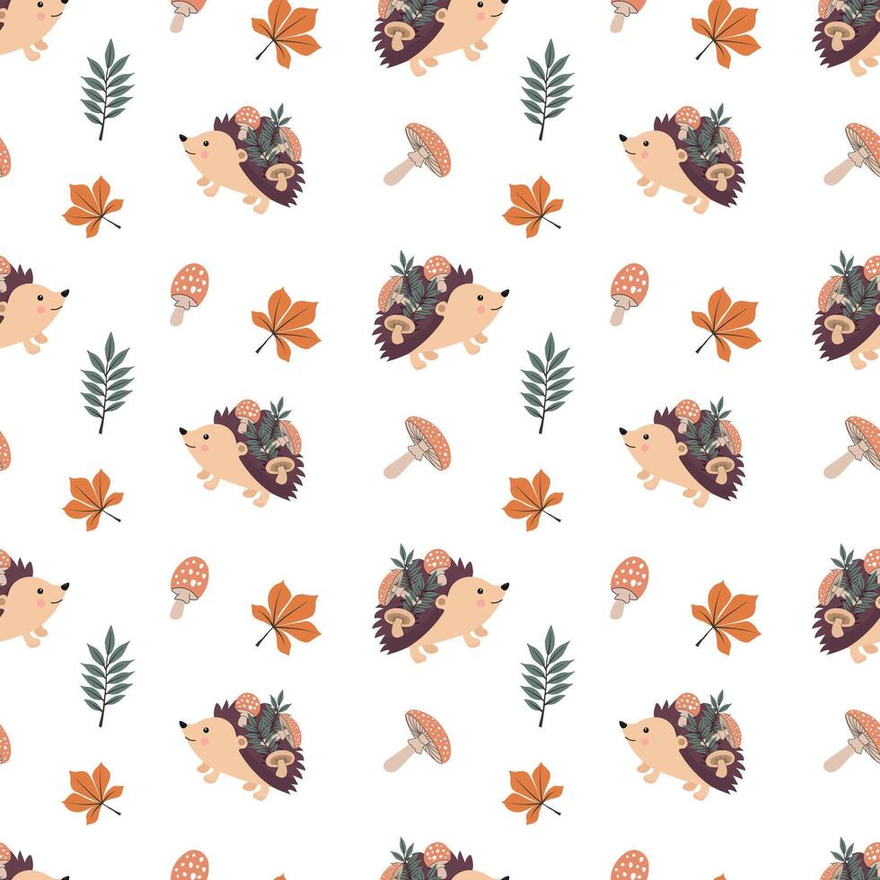 Autumn seamless pattern with cute hedgehogs, leaves and mushrooms on a white background. Childish background for fabric, wrapping paper, textile, wallpaper and apparel. Vector Illustration