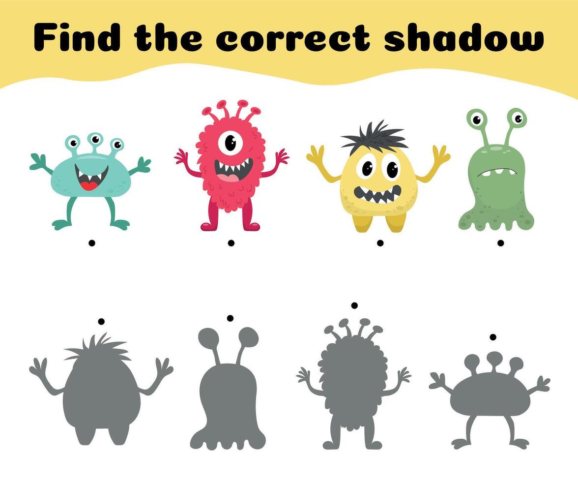 Find correct shadow of monsters. Educational game for children. Shadow matching game.Vector illustration. vector