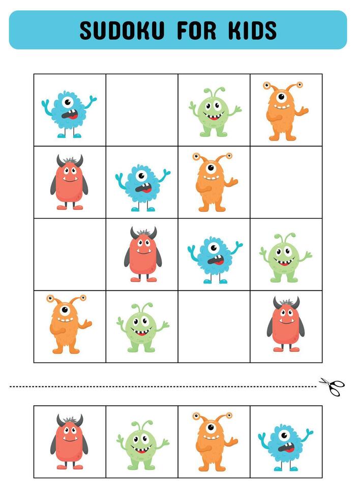 sudoku para niños con monstruos niños actividad sábana .divertido sudoku rompecabezas con linda monstruos ilustración. niños educativo actividad hoja de cálculo. vector