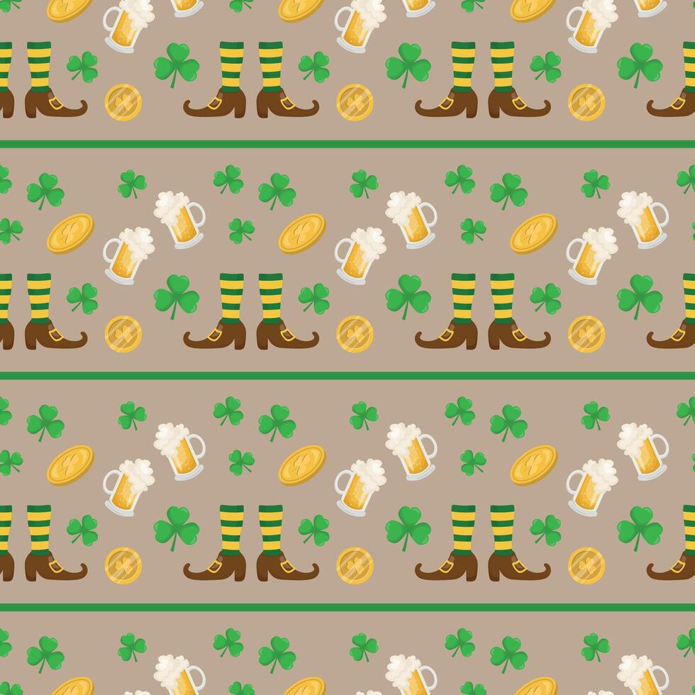 Seamless pattern with clover, coins and beer for St. Patrick's Day. Irish Festival. Vector illustration.