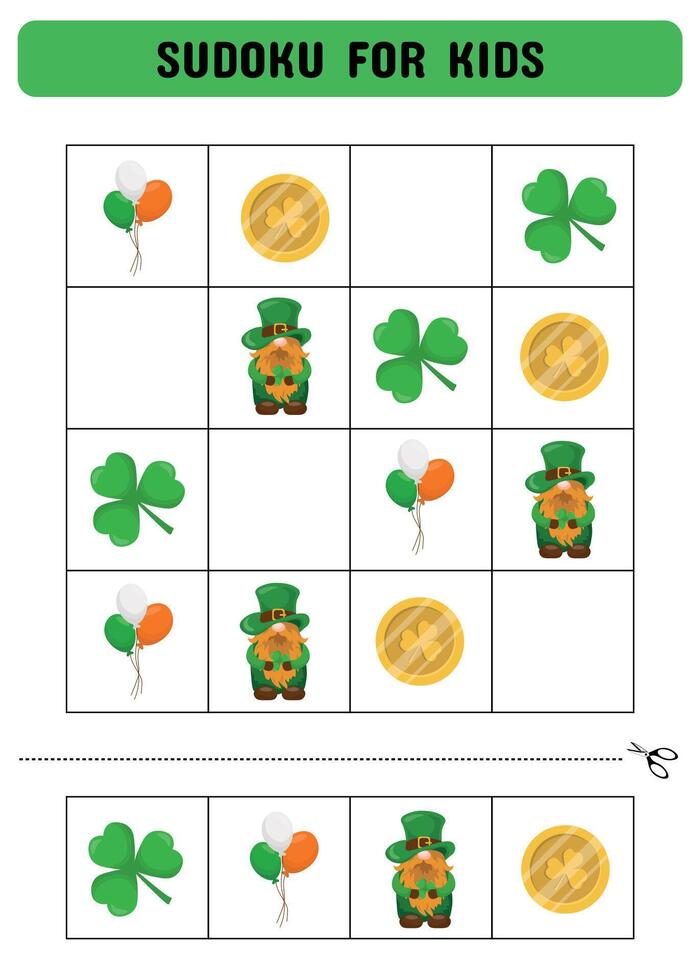 sudoku para niños con S t. patrick's día elementos. un lógica juego para preescolares imprimible hoja. vector ilustración